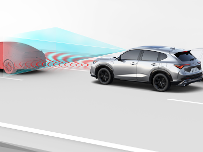 Graphic depiction of vehicle on the road with blue beams emanating from the front of the vehicle. 