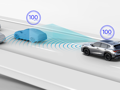 Graphic depiction of vehicle on the road with blue beams emanating from the front of the vehicle indicating distance between vehicles. 