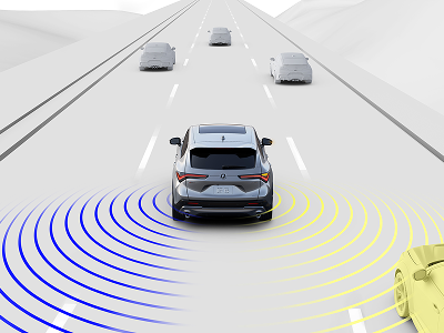 Rear-view image of vehicle on the road with purple and yellow rays emnating from the back of the vehicle indiating blind spots. 