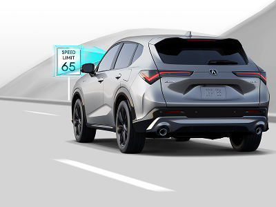 Rear view of vehicle on a highway with bloue beams emanting from the front highlithging a speed sign. 