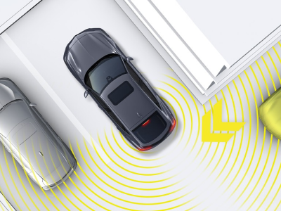 Digital rendering, where everything is white except for the Integra. Bird’s eye view of grey Integra reversing out of a parking spot. Yellow sensor lines emitting from the back detect a car passing by.