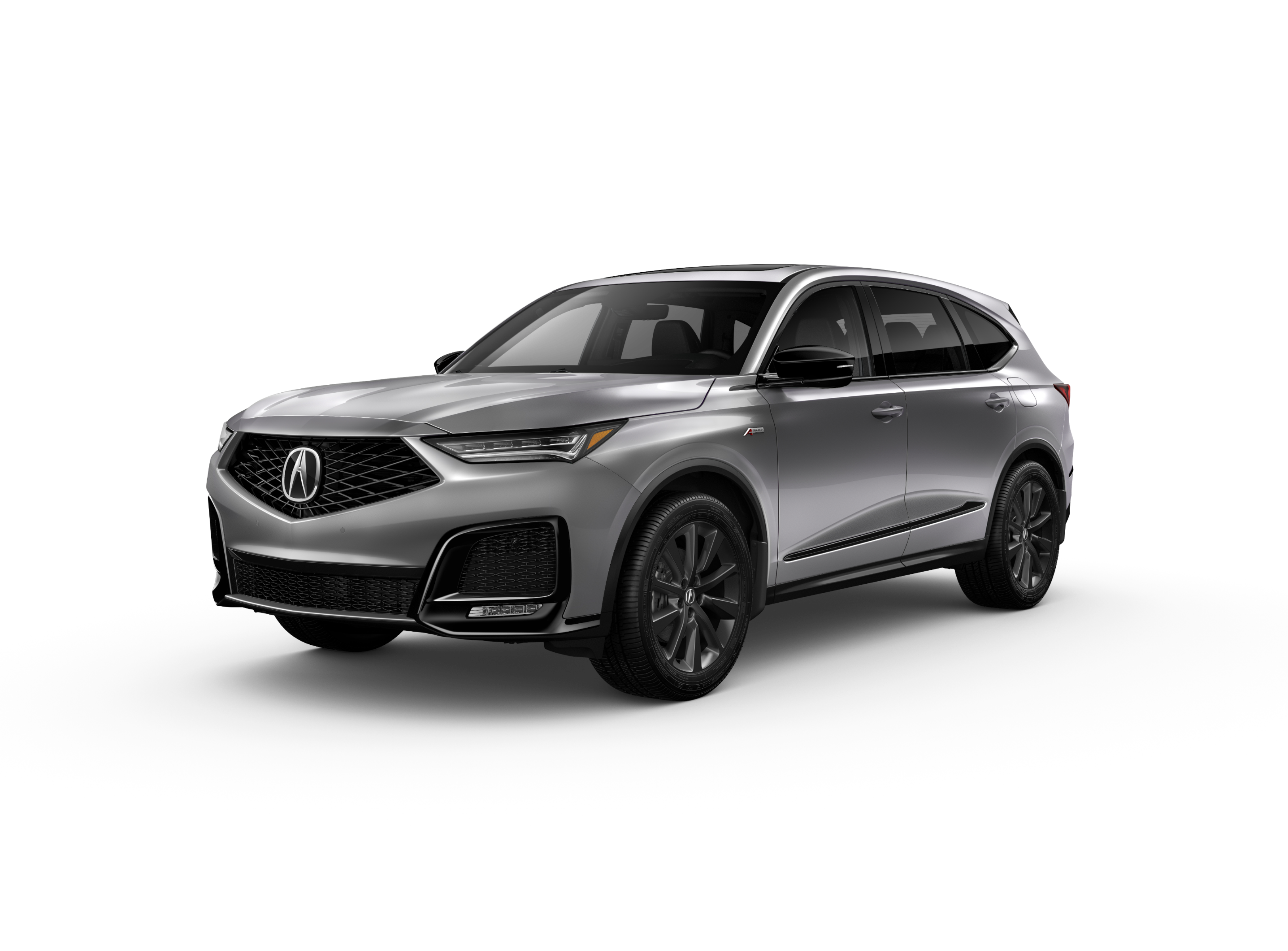 ¾ driver side front facing view of 2025 MDX A-SPEC model in Lunar Silver Metallic colour