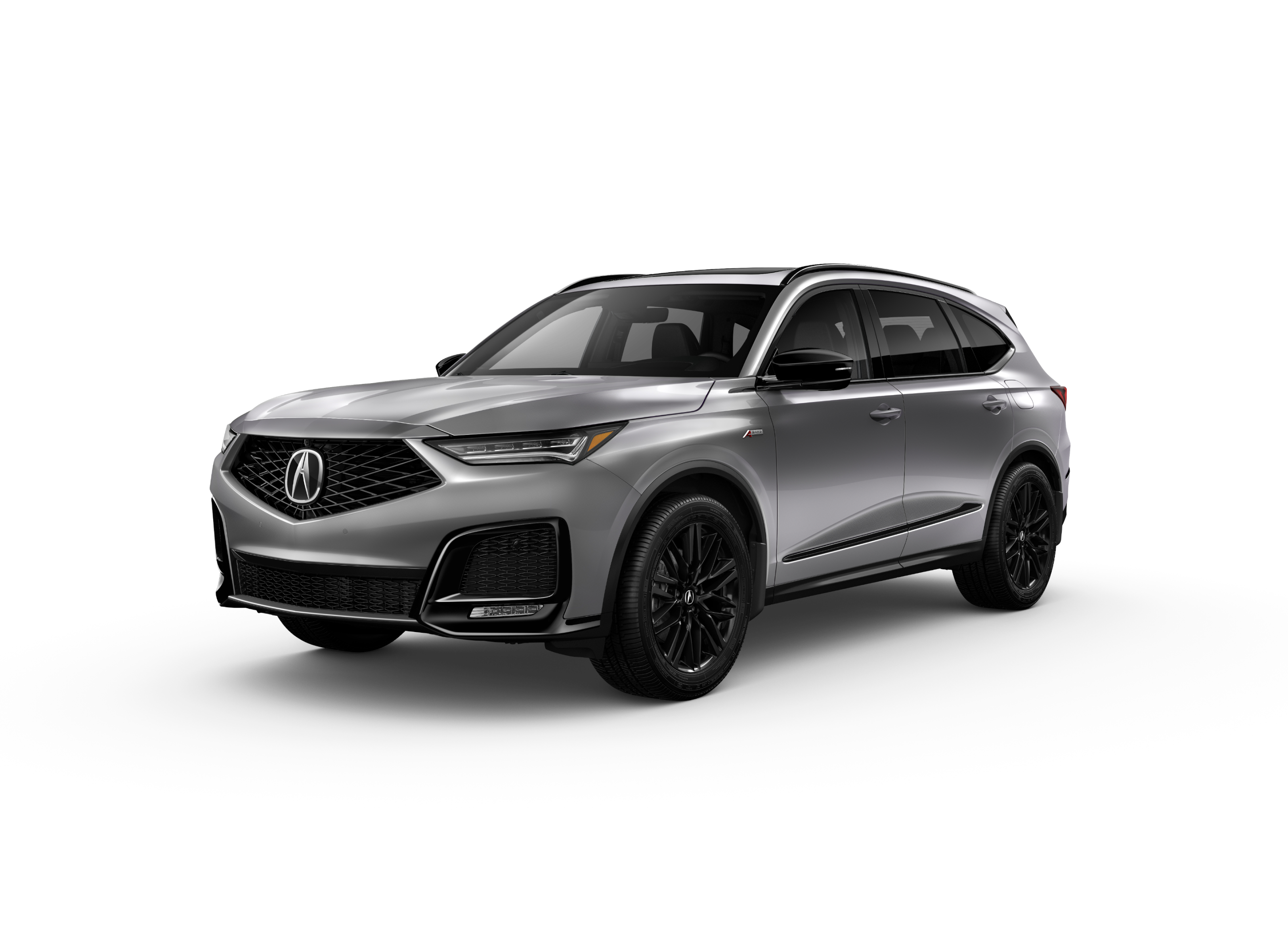 ¾ driver side front facing view of 2025 MDX Platinum Elite A-SPEC model in Lunar Silver Metallic colour