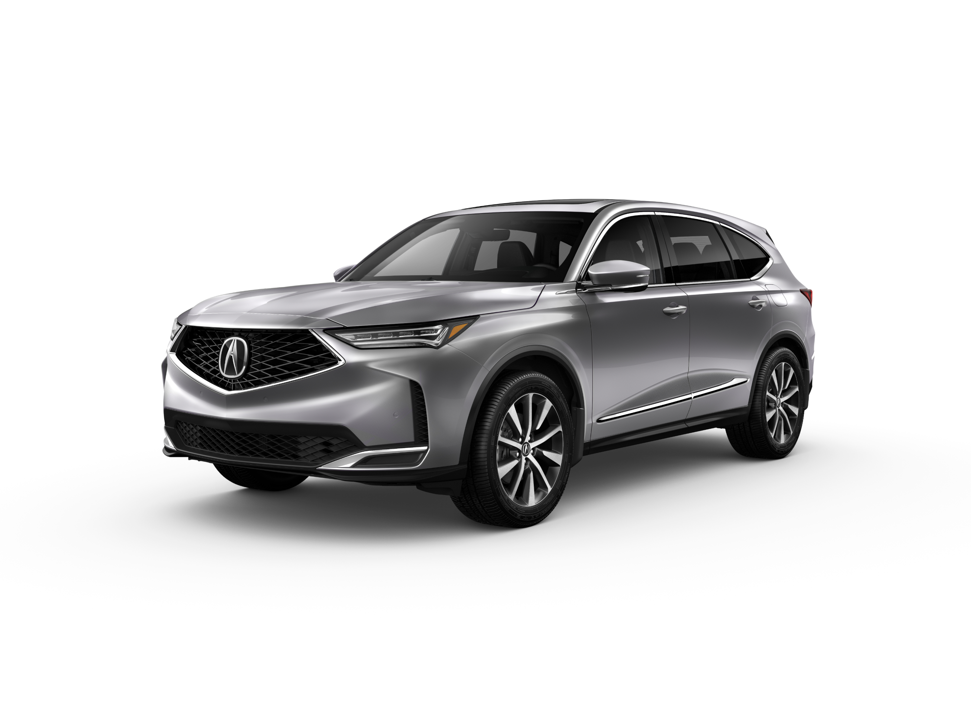 ¾ driver side front facing view of 2026 MDX Tech model in Solar Silver Metallic