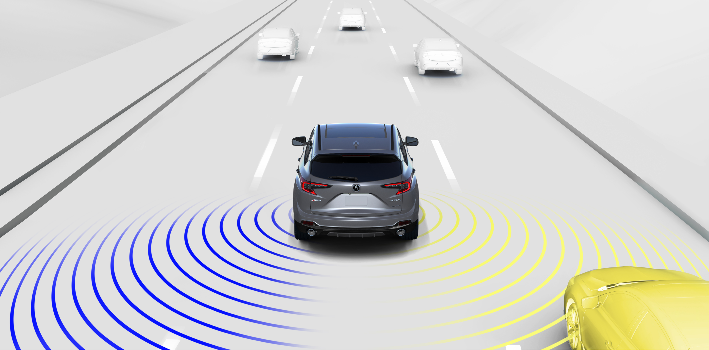 Digital rendering, where everything is white except for the RDX. Wide rear view of grey RDX driving on road. Blue and yellow sensor waves detect the cars around it.