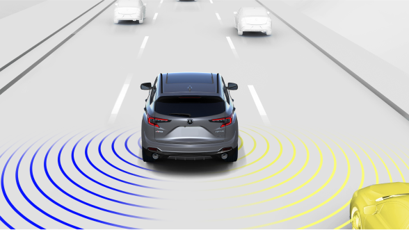 Digital rendering, where everything is white except for the RDX. Wide rear view of grey RDX driving on road. Blue and yellow sensor waves detect the cars around it.