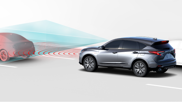 Digital rendering, where everything is white except for the RDX. 3/4 side rear view of grey RDX driving on road. Blue sensor lines and red waves emit from the front, detecting the car in front.