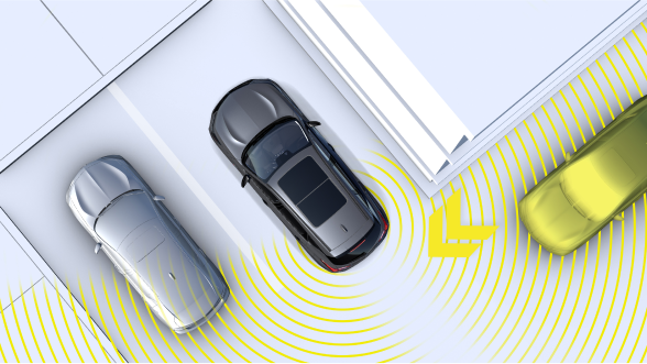 Digital rendering, where everything is white except for the RDX. Bird’s eye view of grey RDX reversing out of a parking spot. Yellow sensor waves emit from the back, detecting a car passing by.