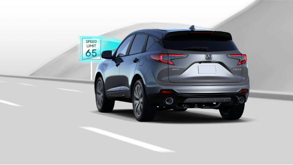 Digital rendering, where everything is white except for the RDX. 3/4 rear view of grey RDX driving on road. Blue sensor lines detect the traffic sign.