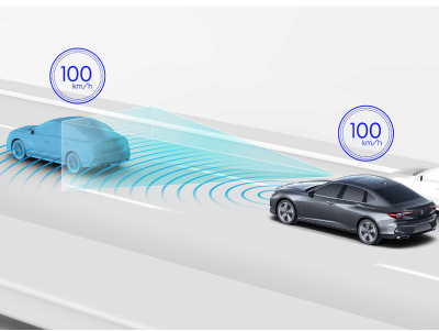 Digital rendering, where everything is white except for the TLX. 3/4 side rear view of grey TLX driving on road. Blue sensor lines and waves emitting from the front detect the car in front.
