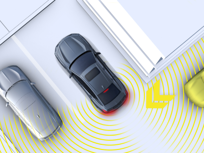 Digital rendering, where everything is white except for the TLX. Bird’s eye view of grey TLX reversing out of a parking spot. Yellow sensor lines emitting from the back detect a car passing by.