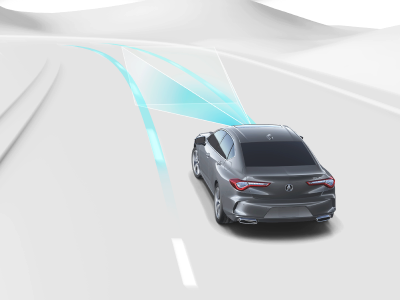 Digital rendering, where everything is white except for the TLX. Rear view of grey TLX taking a turn on a road. Blue sensor lines emit from the front, detecting the dashed lane line.