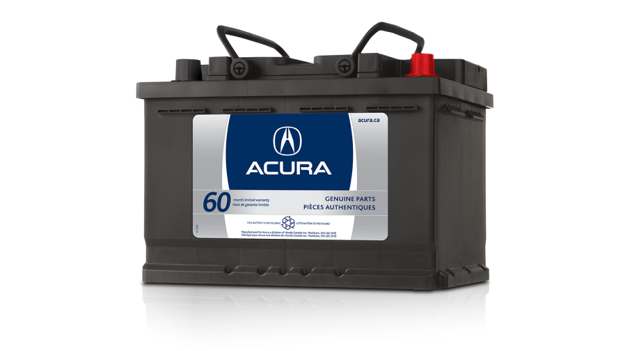 Studio shot of a genuine Acura car battery. // Une photo en studio d'une batterie de voiture Acura d’origine . 	